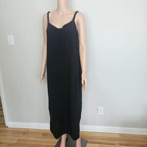 Black Crinkle Gauze Maxi Dress Adjustable Tie Back Boho Resort Loungewear